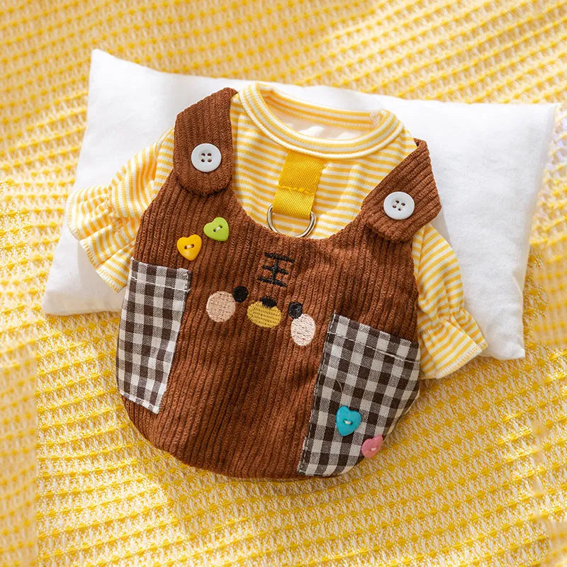 Two-legged dog overalls suit in polyester, shown in Rock Yellow Chicken and Lomi Brown Tiger, sizes XS to XXL for autumn and winter pet clothing.