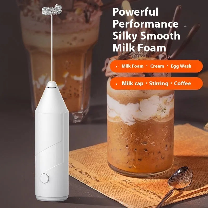 Mini handheld electric milk frother in black, white or khaki colour with USB charging port