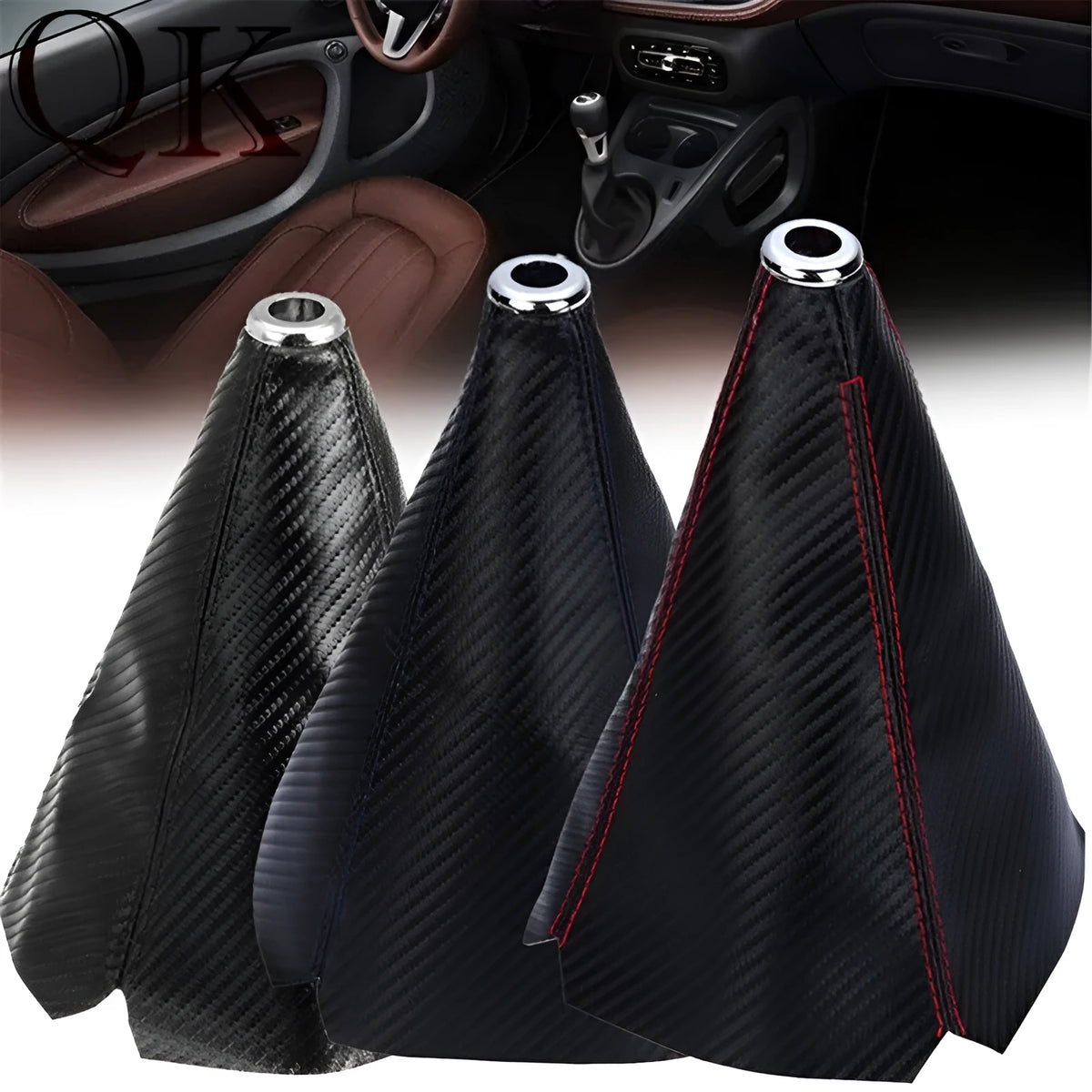 Universal car lever dust cover with bright head or black head and coloured line or carbon pattern options