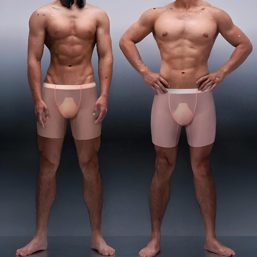 Seamless low-waist men's nylon boxers in orange, shown flat, highlighting the convex seam and sports design.