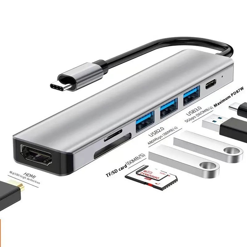 Type-C 7-in-1 expansion dock with HDMI, USB ports and card reader on 15cm cable
