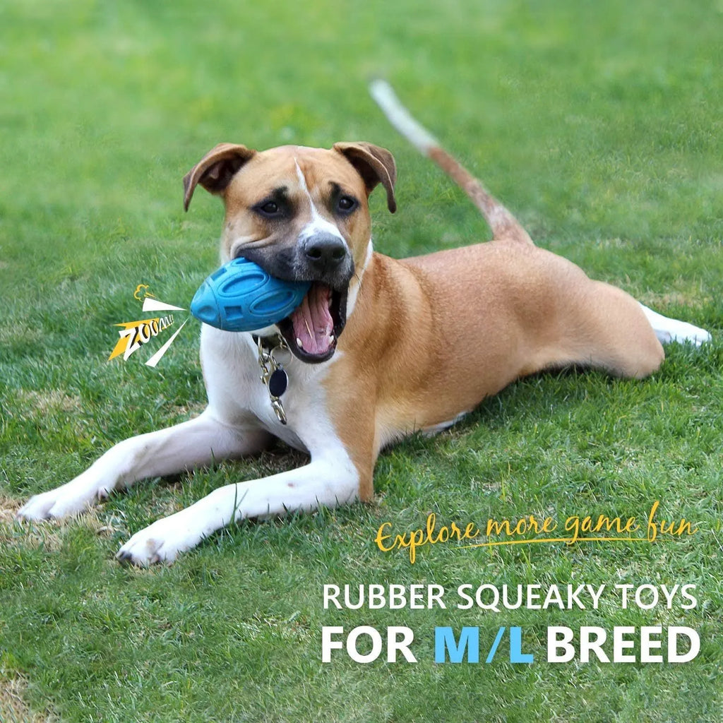 Blue durable natural rubber squeaky dog chew ball toy for aggressive chewers.