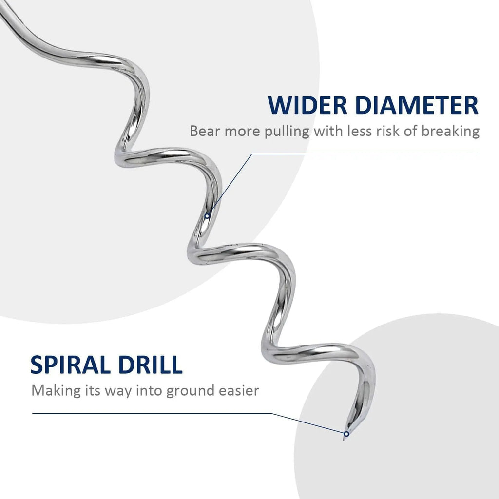 Silver spiral dog tie out stake made of solid steel for ground anchoring.