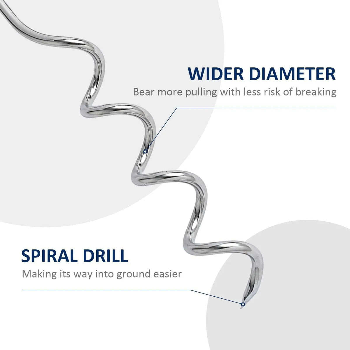 Silver spiral dog tie out stake made of solid steel for ground anchoring.