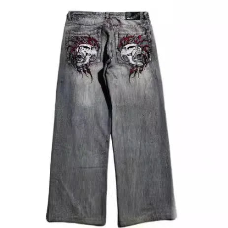 Men's grey wide-leg jeans with washed-out retro styling and straight-leg workwear design