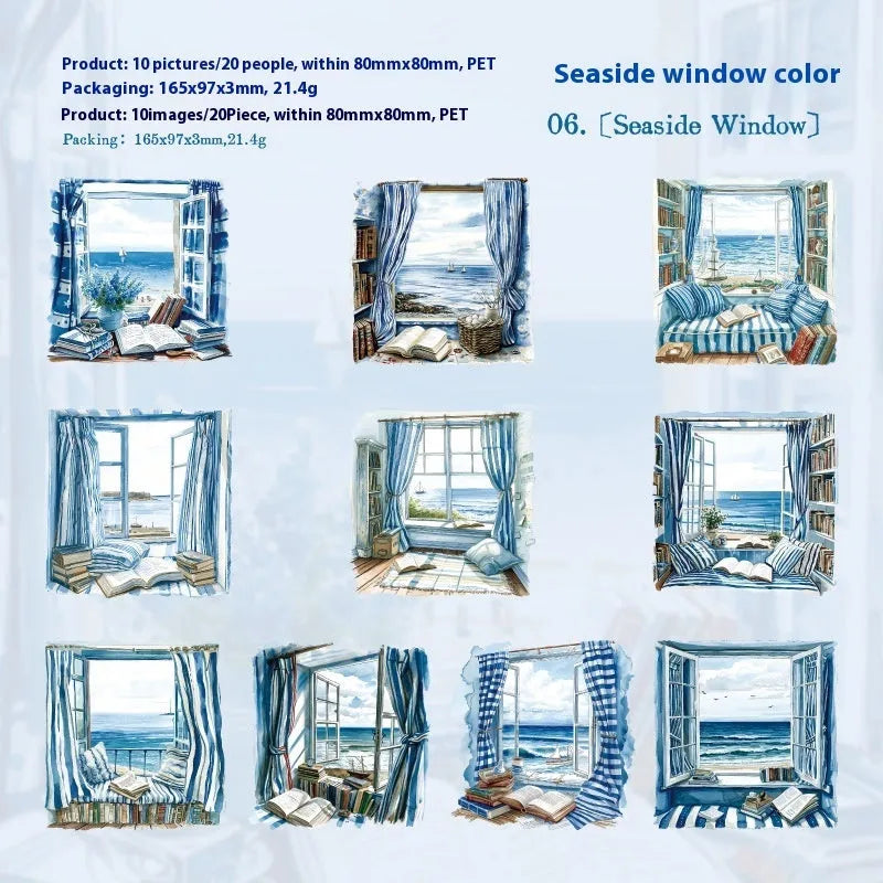 Set of six retro-style decorative stickers with seasonal window scene designs for journals.