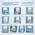 Set of six retro-style decorative stickers with seasonal window scene designs for journals.
