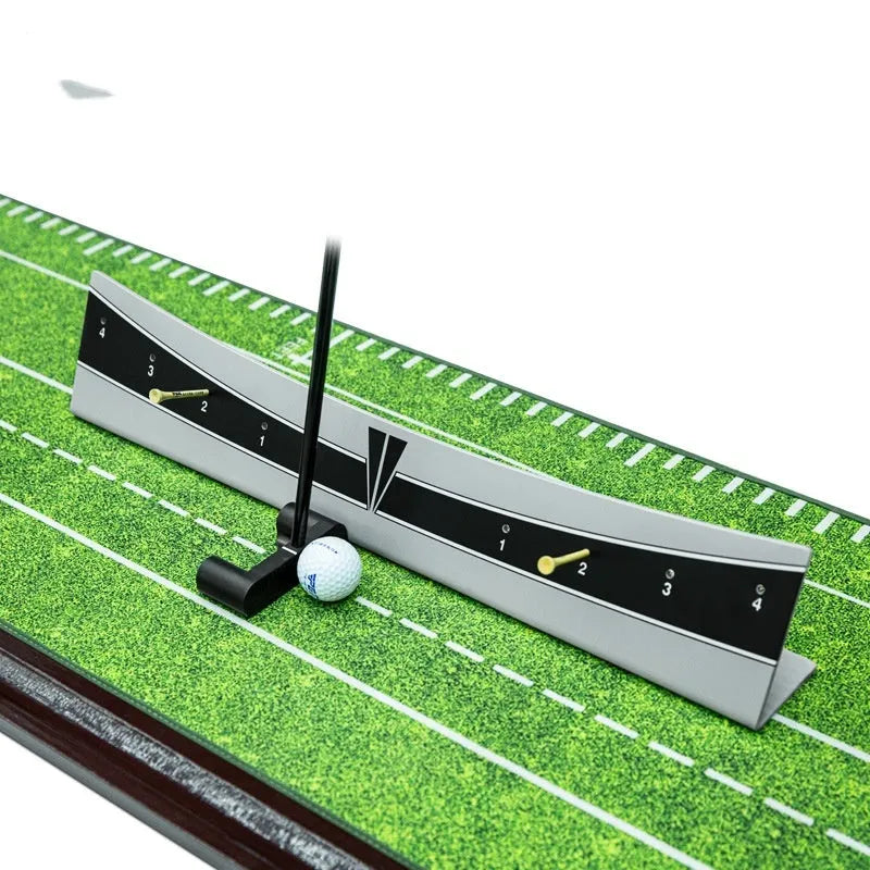 Golf putter trajectory balance simulator with adjustable push rod on PVC base