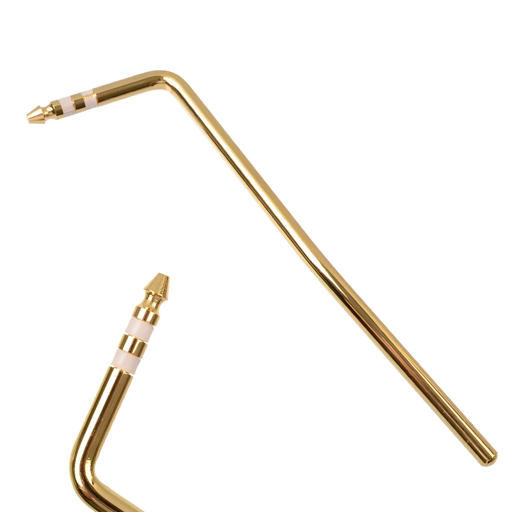 Direct plug-in guitar tremolo arm in black, blue, gold, and silver chrome finishes.