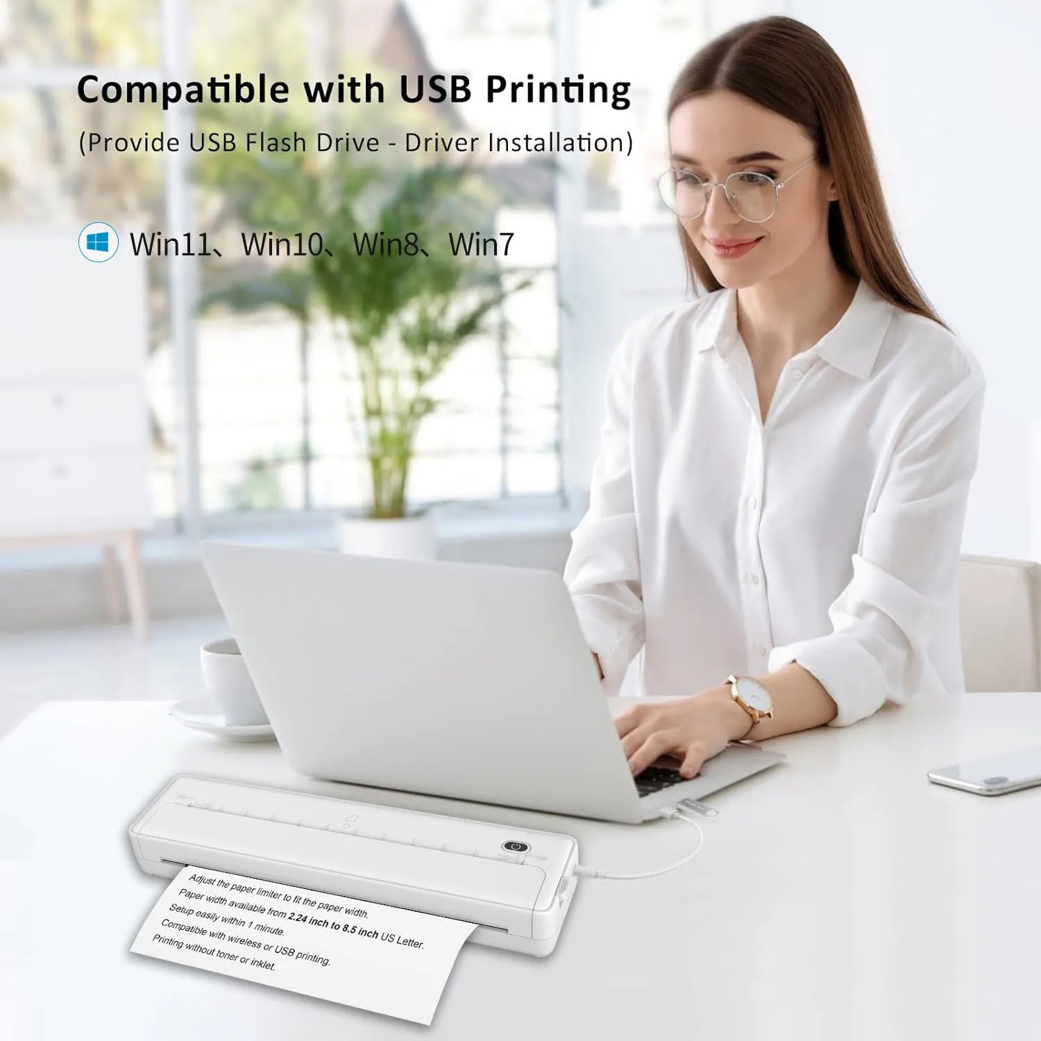 Black and white portable A4 Bluetooth printer with compact design for wireless mobile printing.