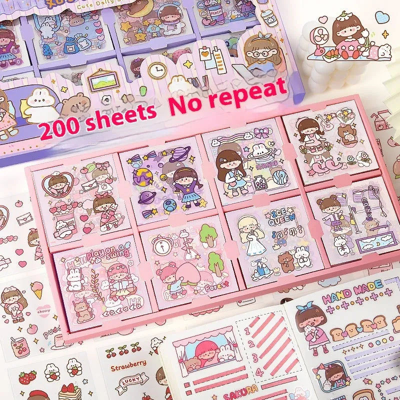 Box containing five sheets of children's stickers with cute themed designs
