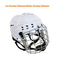 Ice hockey helmet with a carbon steel face mask on a white background, shown in size L.
