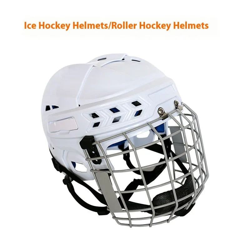 Ice hockey helmet with a carbon steel face mask on a white background, shown in size L.