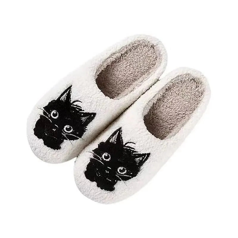 White plush slippers with Black Beard cartoon cat couple pattern and non-slip sole.