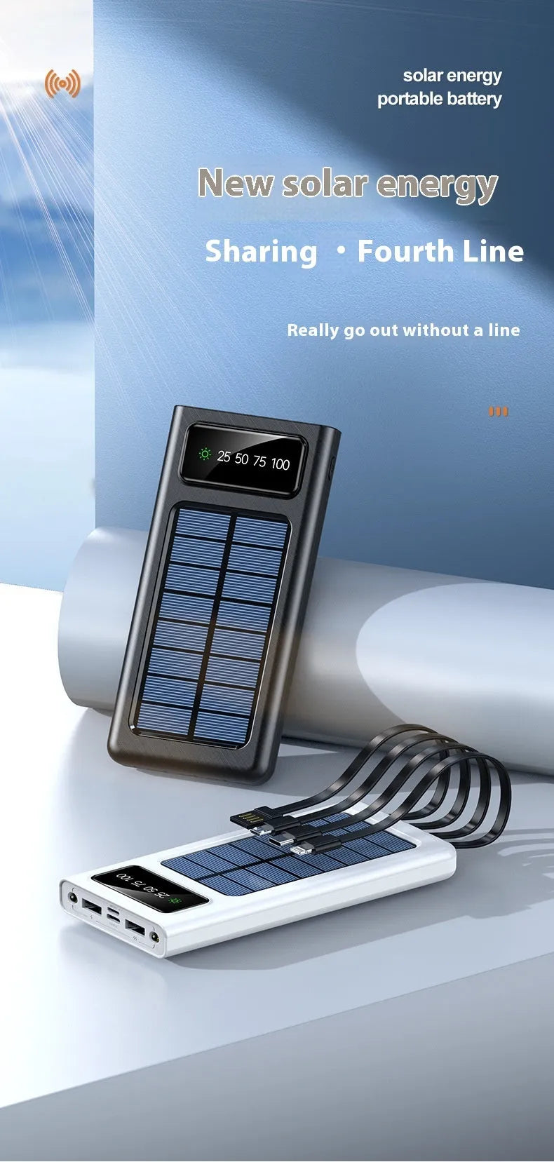Solar power bank with cable showing 20000mAh capacity and compact plastic design