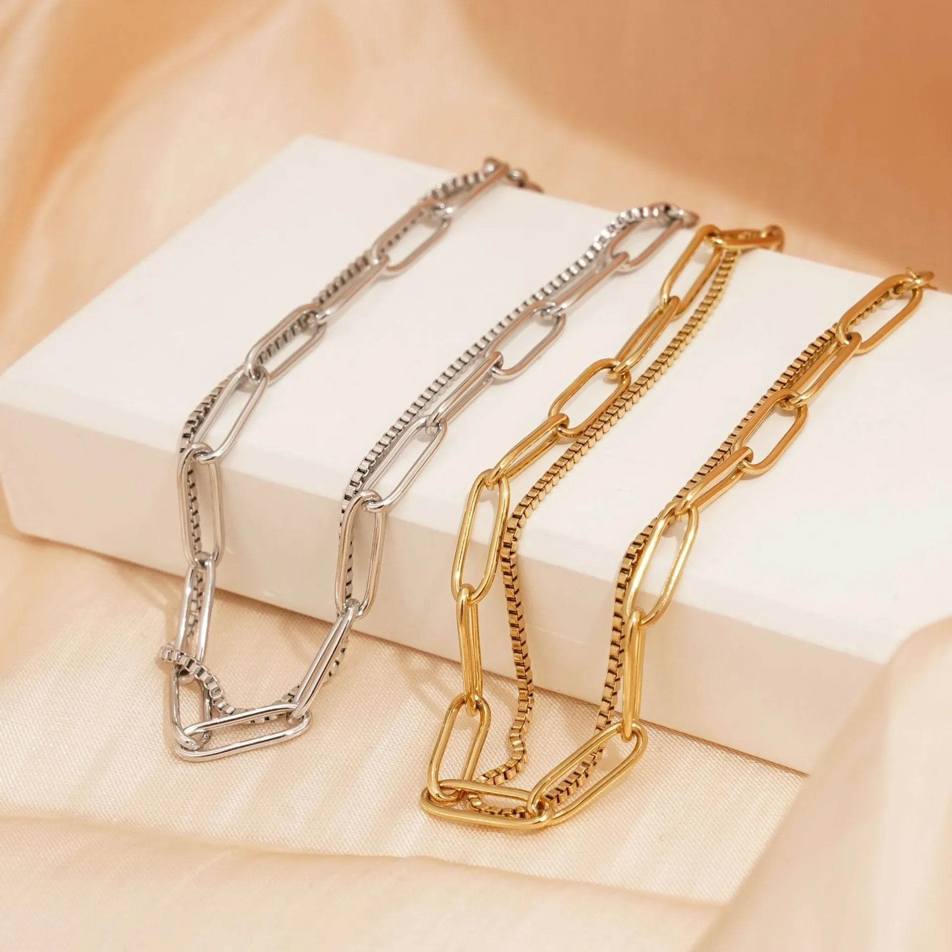 Women's titanium steel bracelet with double-layer geometric design in gold or silver finish