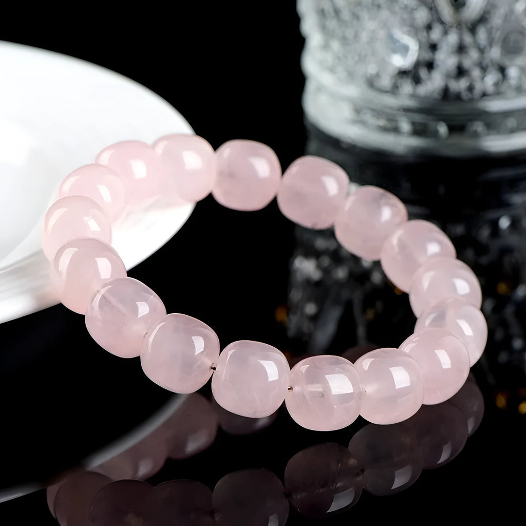 Pink bamboo and crystal barrel bead bracelet with geometric 11-12mm beads