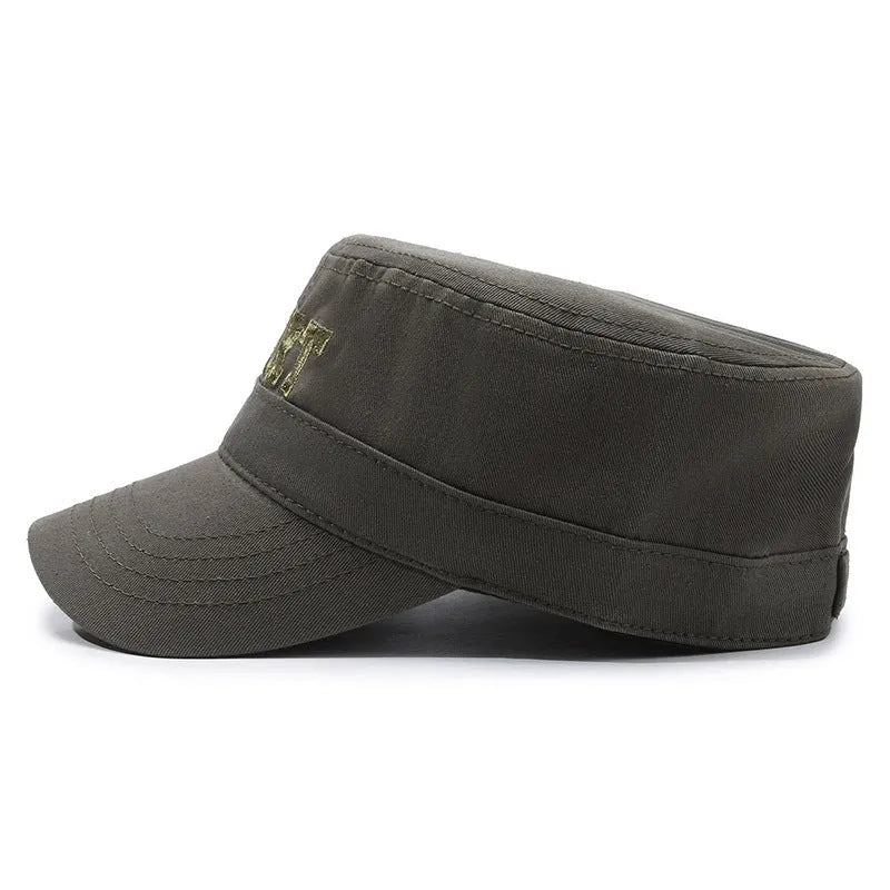 Cotton flat-top peaked cap in army green colour showing adjustable strap and dome crown