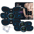 Black home exercise muscle stimulator set with three host units, 190x170mm abdominal patch, and USB charging cable