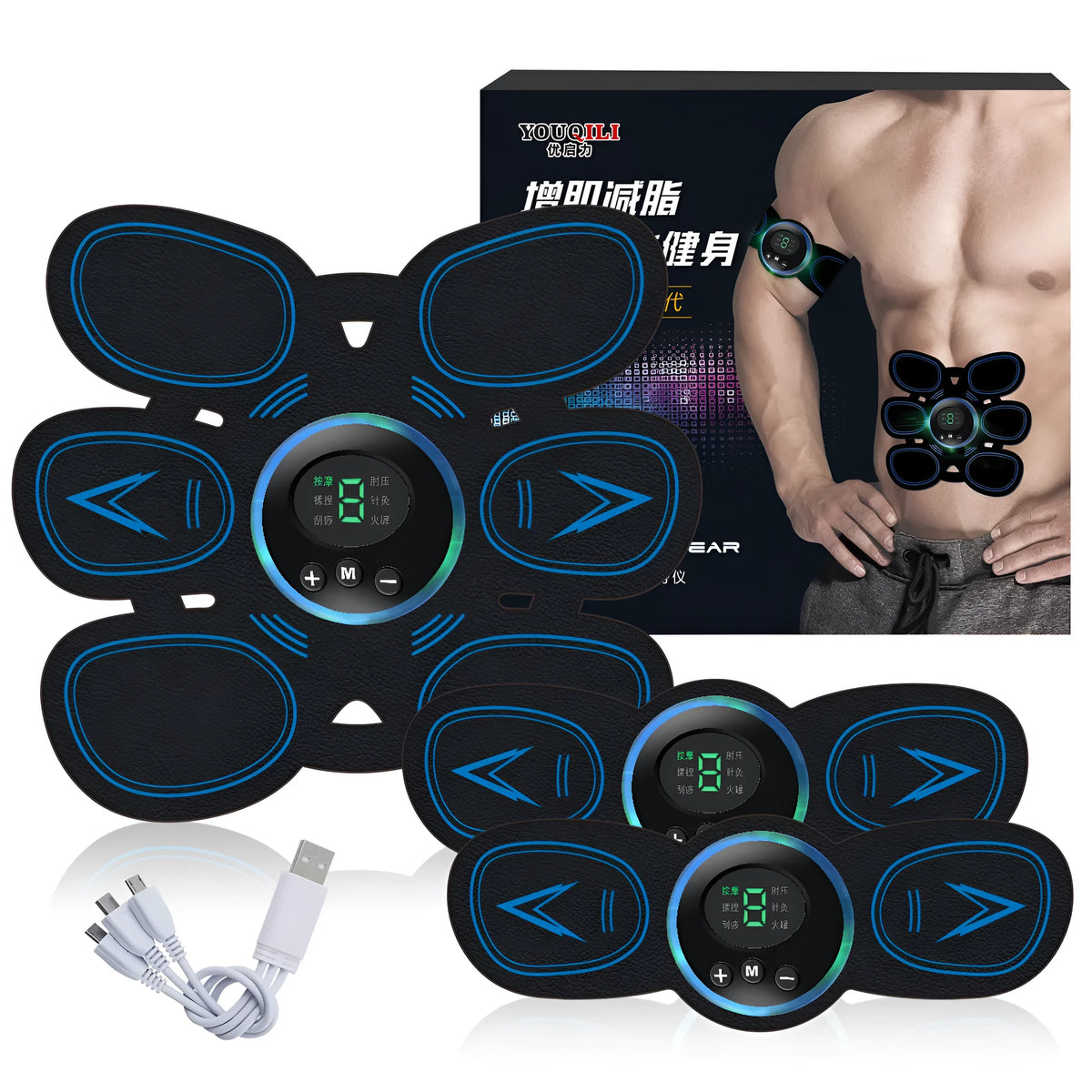Black home exercise muscle stimulator set with three host units, 190x170mm abdominal patch, and USB charging cable