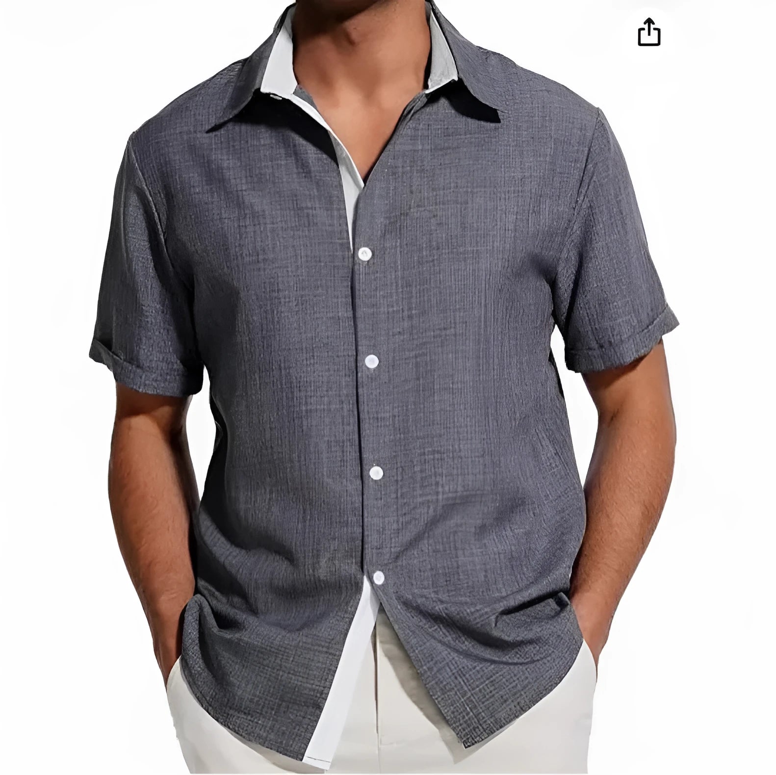 Men's grey floral print short-sleeved casual shirt laid flat, showing regular fit and lightweight polyester fabric.