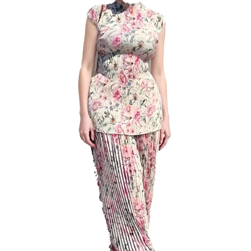 Printed chiffon two-piece dress set with long sleeves and high waist