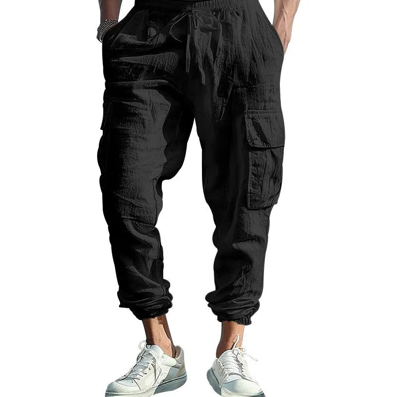 Men's linen casual trousers with ankle drawstring and multiple pockets in solid colour