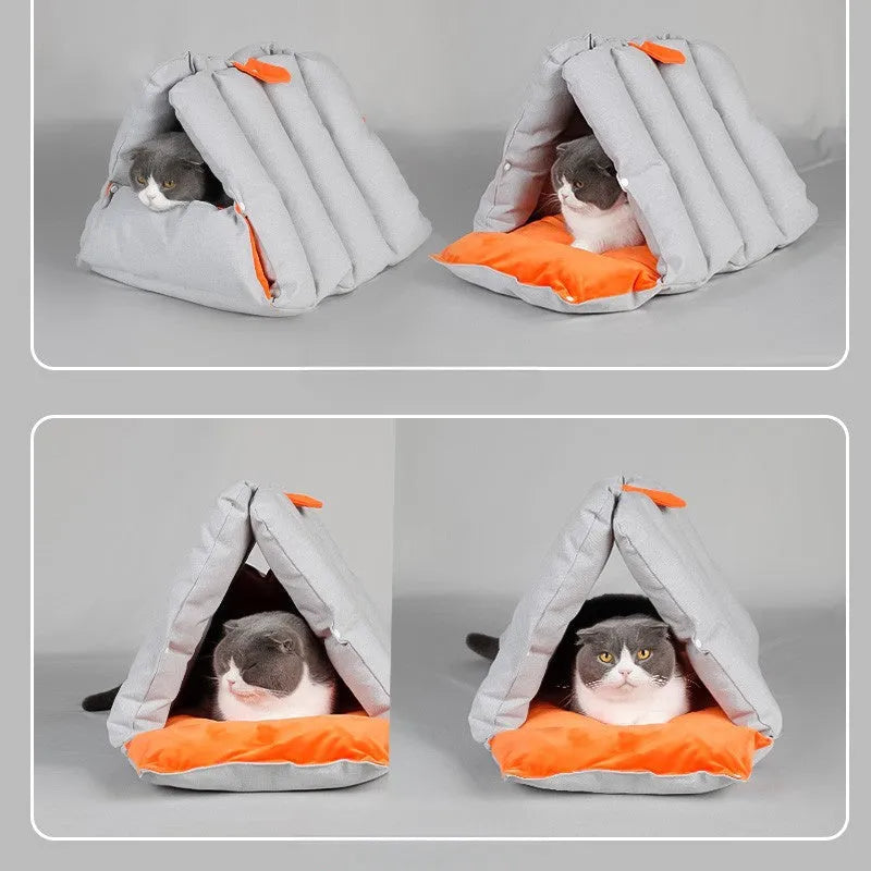Triangular blue cat nest with drilled combination holes and removable cotton cover