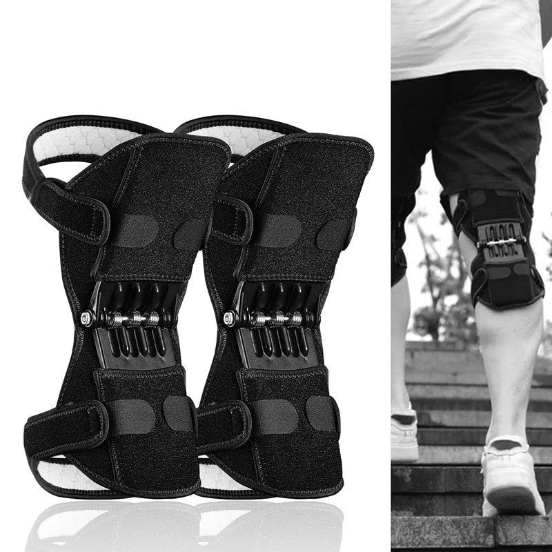Black spring-loaded knee support brace with adjustable straps and venting holes, shown on a knee.