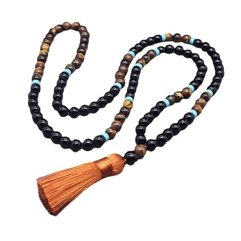 Natural black agate bracelet and tiger-eye stone necklace set with geometric design