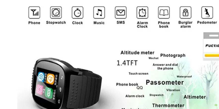 Black smart Bluetooth sports watch on a wrist, compatible with iPhone and Android phones.