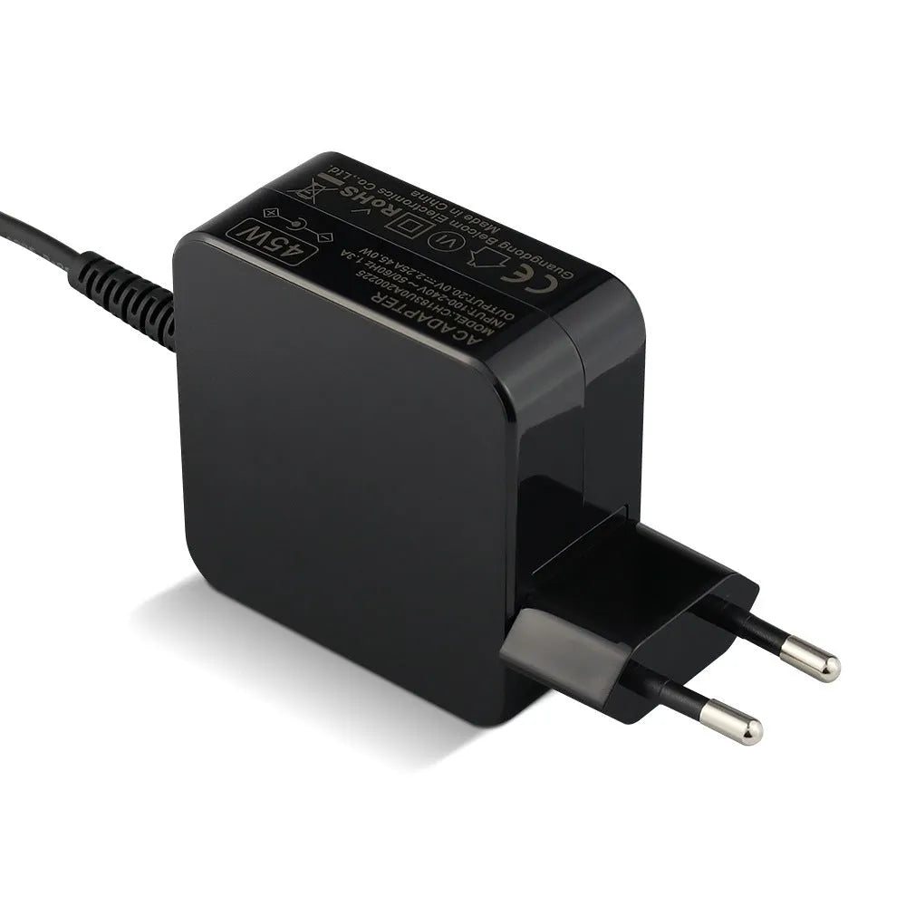 Black 45W laptop power adapter with US DC connector measuring 99.3mm by 36.5mm by 61.8mm