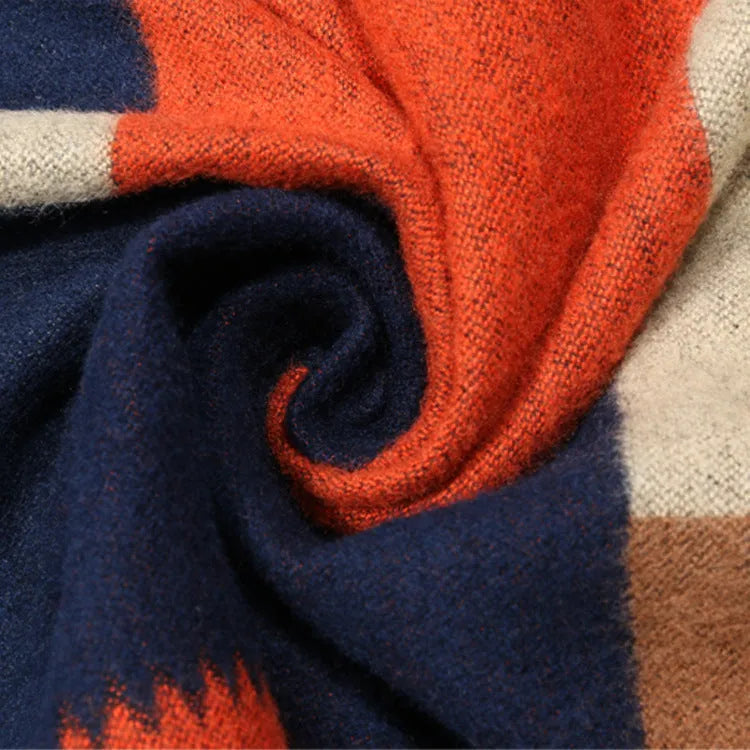 Buddha pattern imitation cashmere scarf in camel, 180x30cm with tassels, warp knit jacquard design