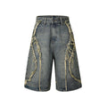 American Pu Shuai distressed raw edge denim shorts for men in a straight-leg cropped style.