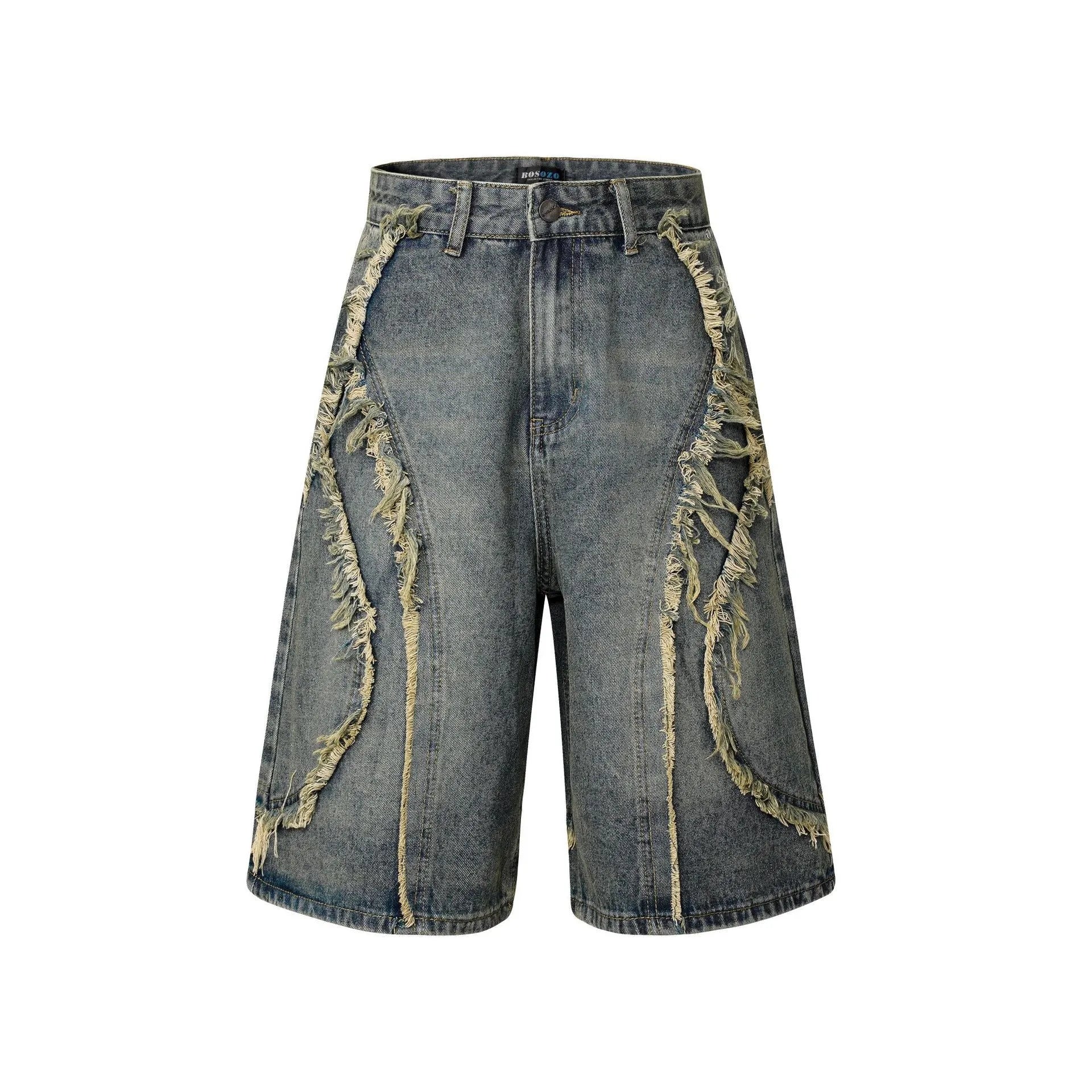 American Pu Shuai distressed raw edge denim shorts for men in a straight-leg cropped style.