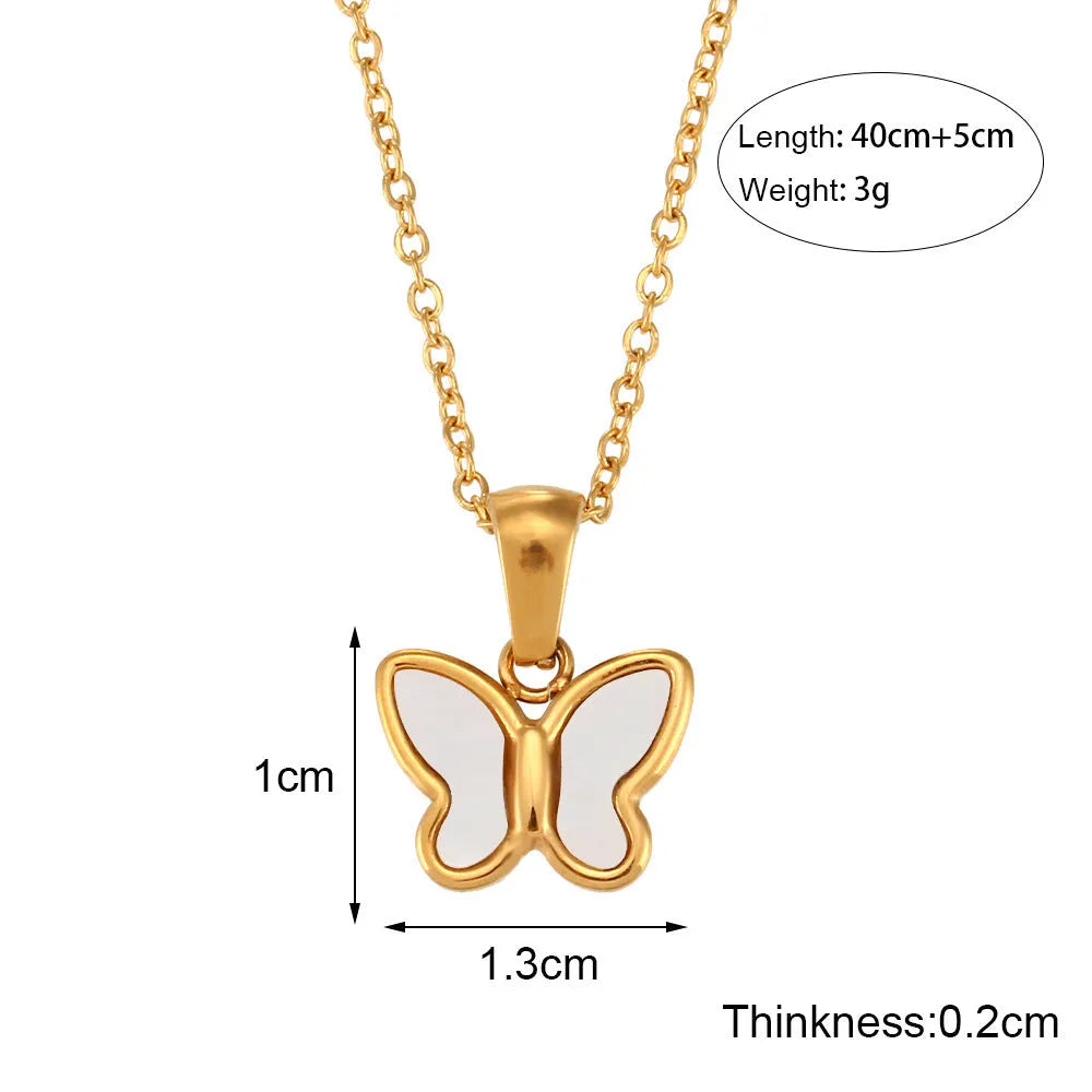 Acrylic butterfly pendant necklace on adjustable stainless steel chain with zircon and shell accents, women's jewellery