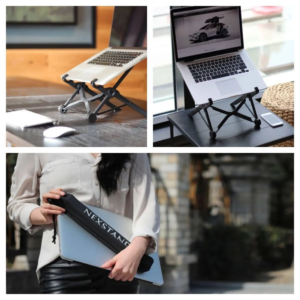 Sagacious black portable folding laptop stand with carrying case, shown folded to 40cm length.