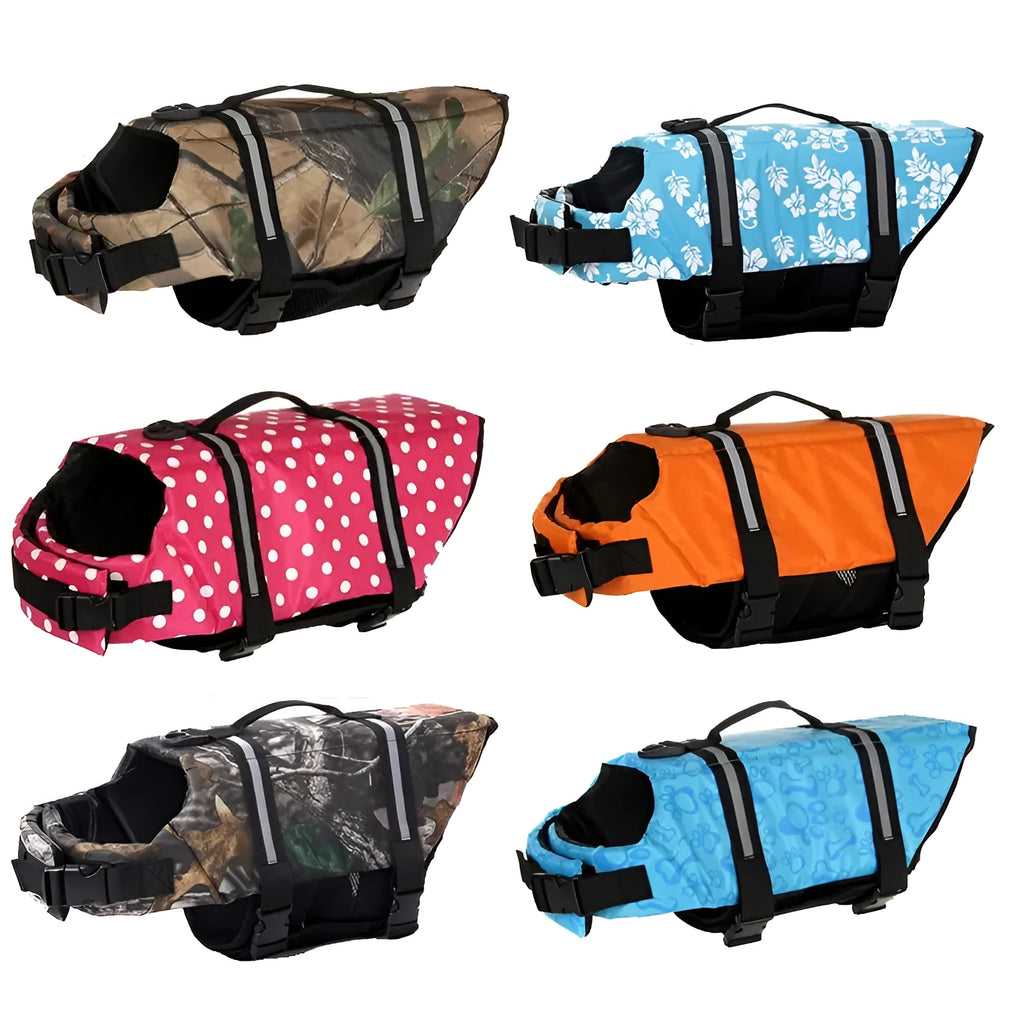 Dog life jacket safety coat in multiple colours with adjustable neck and chest straps, seven sizes from XXS to XXL
