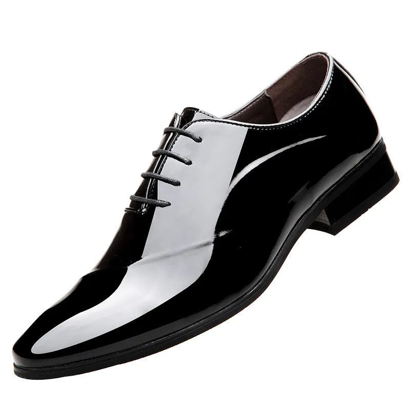 Men's black and brown formal business shoes with a pointed toe made from artificial PU leather.