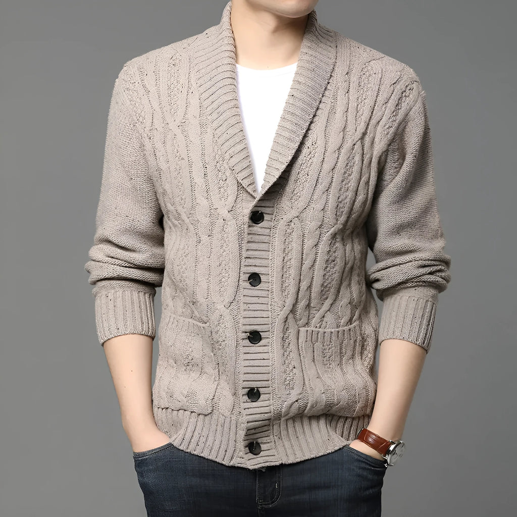 Man wearing a Korean-style jacquard knit cardigan in a straight cut, shown in a neutral colour.