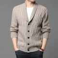 Man wearing a Korean-style jacquard knit cardigan in a straight cut, shown in a neutral colour.