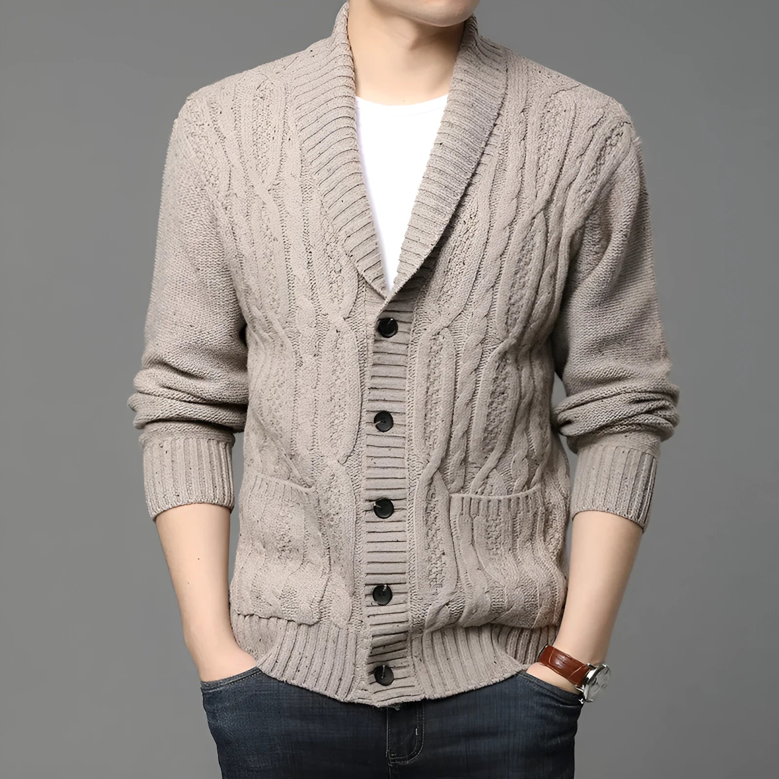 Man wearing a Korean-style jacquard knit cardigan in a straight cut, shown in a neutral colour.