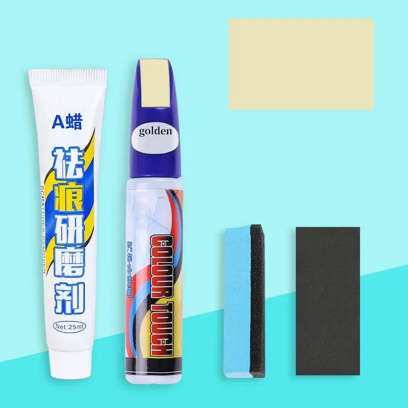 Automotive scratch repair kit showing touch-up paint pen, wax tube, sandpaper, and sponge for car paint touch-up.