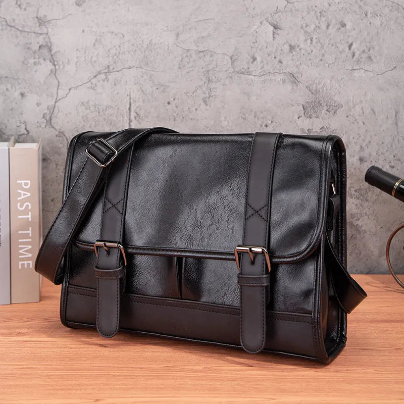Black Korean-style men's commuter backpack with anti-theft features and sewing thread detailing