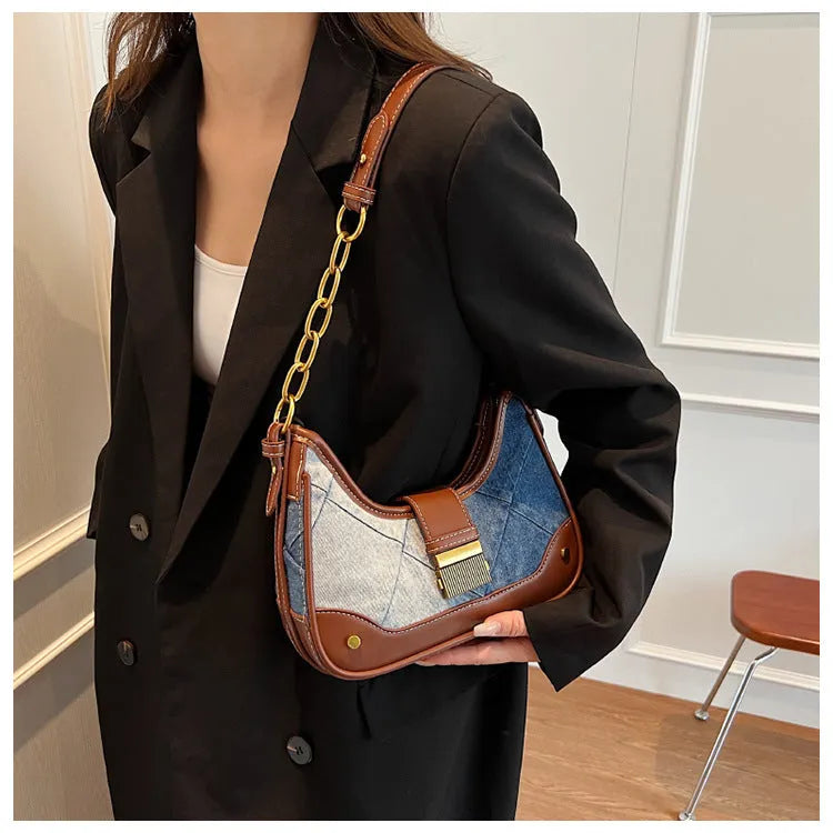 Brown soft denim women's bucket shoulder bag with diamond mesh and chain strap.