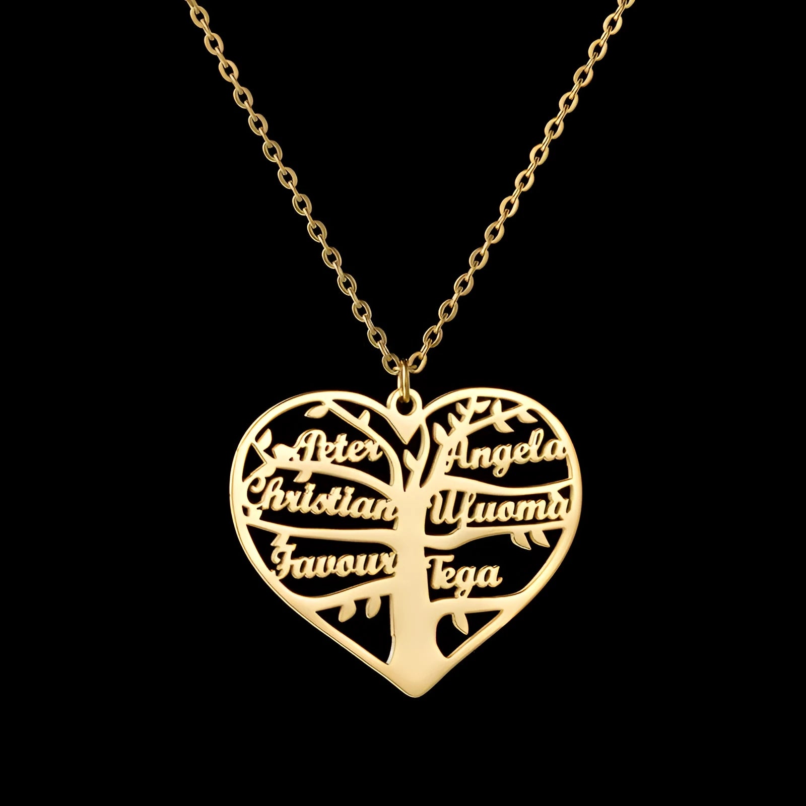 Custom stainless steel name necklace featuring a hollow heart and detailed life tree pendant in silver, gold, or rose gold.