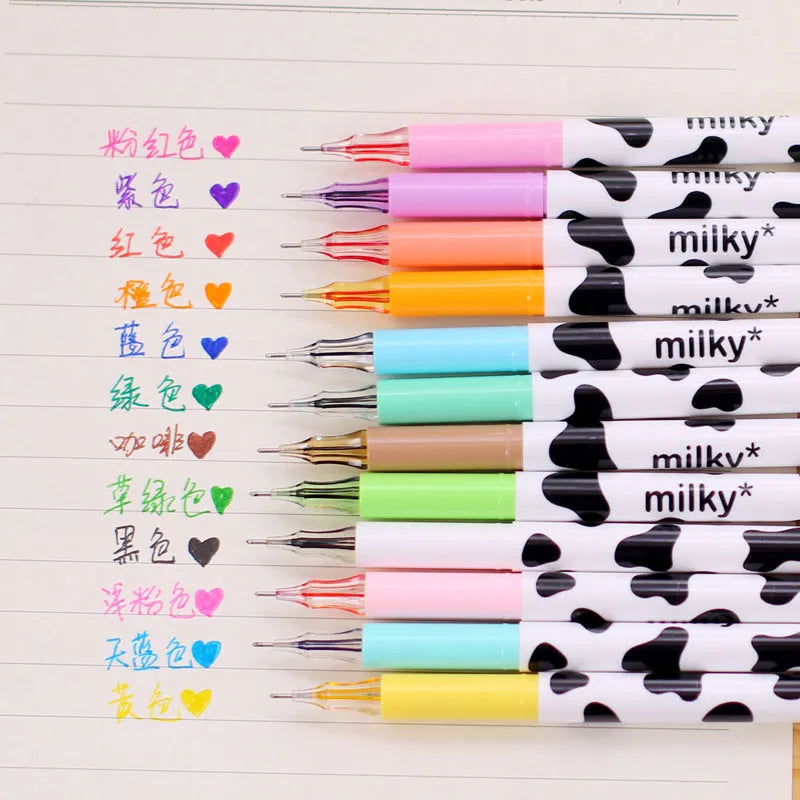 Set of 12 cow colour gel pens with 0.38mm fine tips in plastic shells