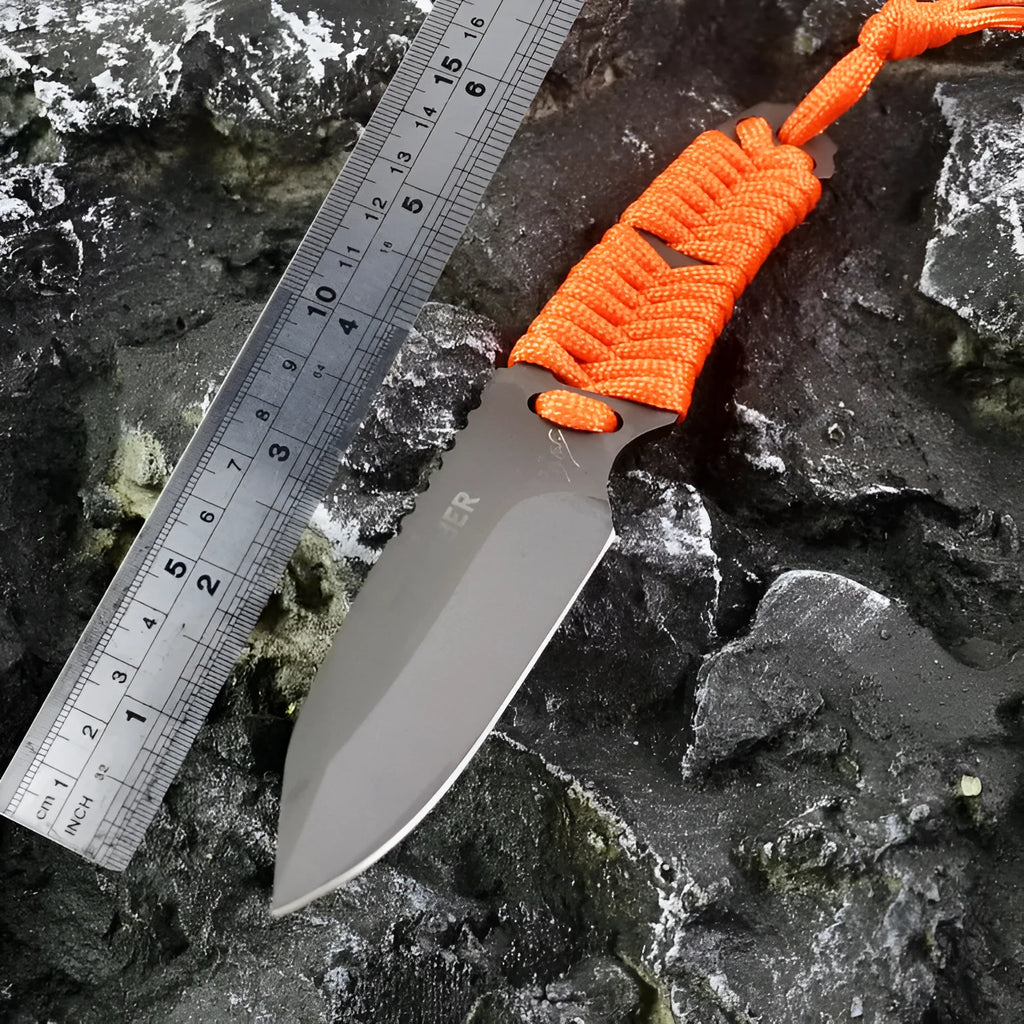 Outdoor camping rope knife with 80mm 5Cr15 steel blade, binding rope handle, and ABS sheath