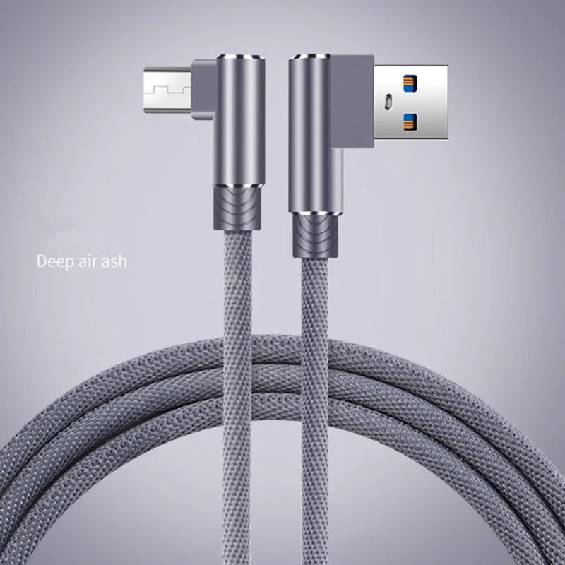 Double elbow fast charging USB data cable in black for mobile game charging, shown in 1M 2M 3M lengths