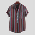 Men's long sleeve striped shirt with stand-up collar, lapel-style print and pocket decoration in red or yellow
